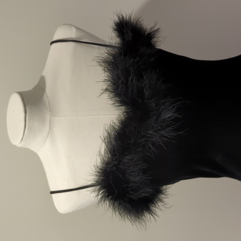 Vintage 1990s Roberta Black Velvet Stretch Maribou Feather Trim Bodycon Gown